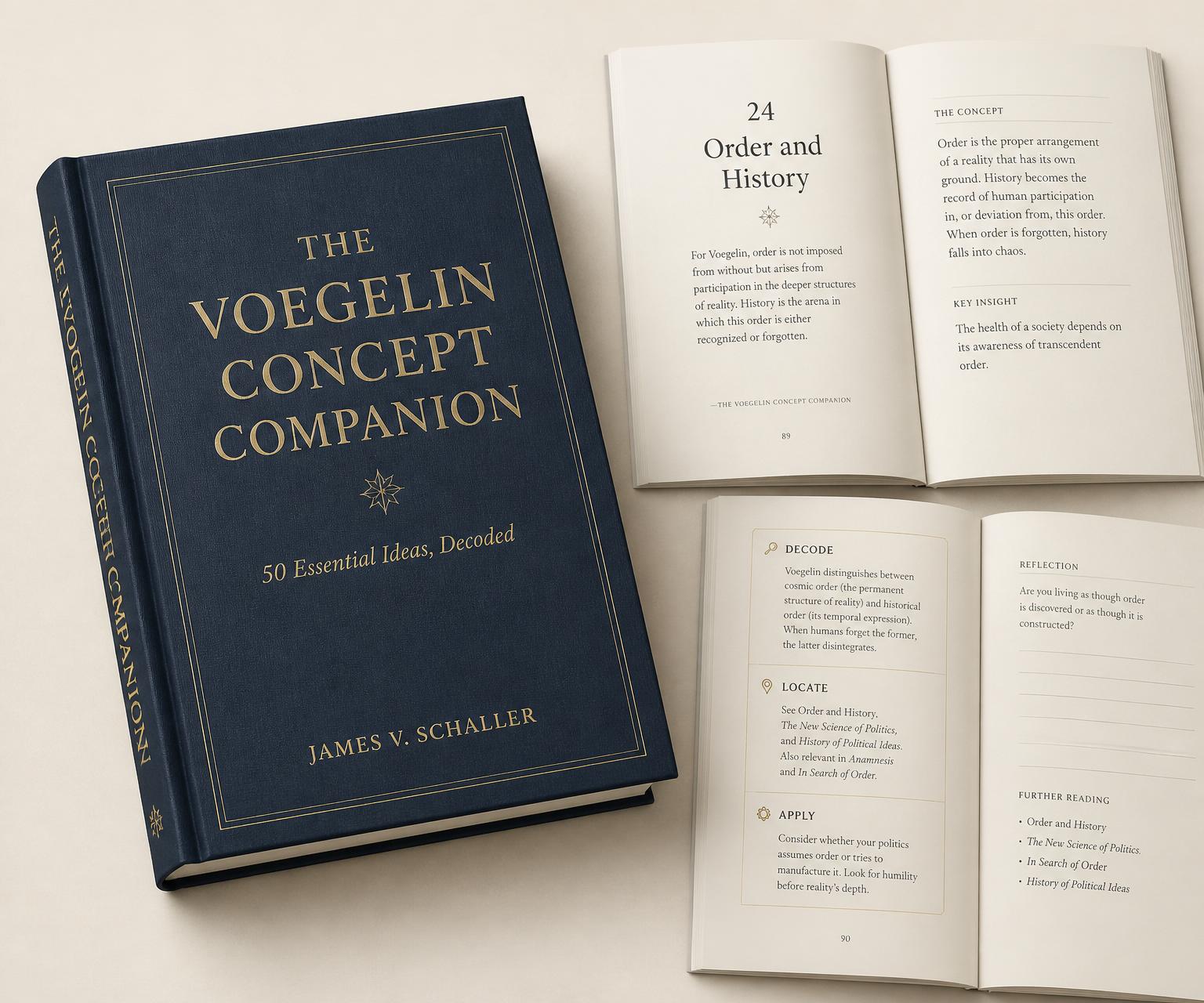 The Voegelin Concept Companion — 50 Essential Ideas, Decoded. Navy hardcover with gold foil title, shown beside sample interior pages.